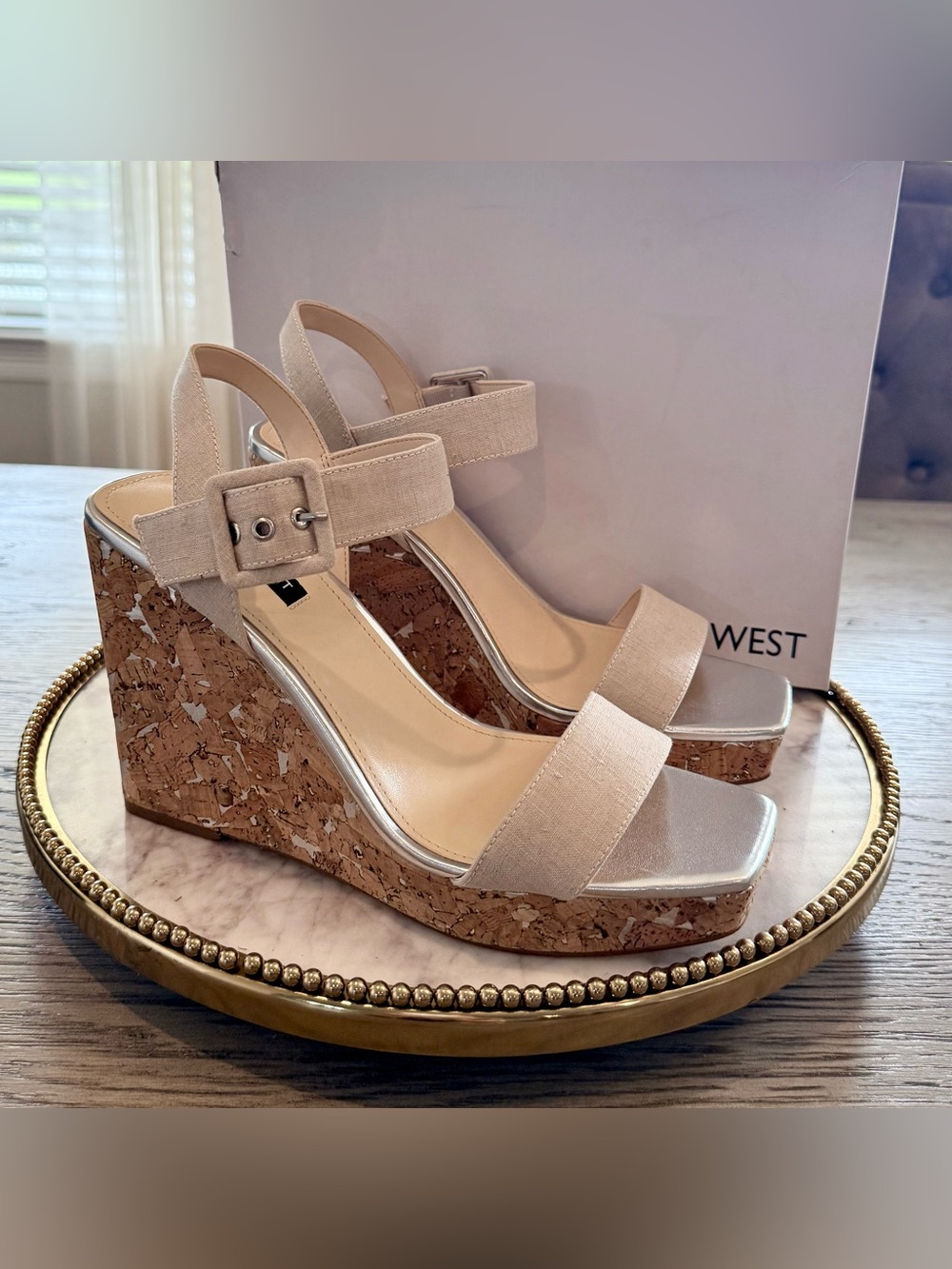 Nine West Courts Nude Cork Wedge Sandals | Sz. 9 (NWB)